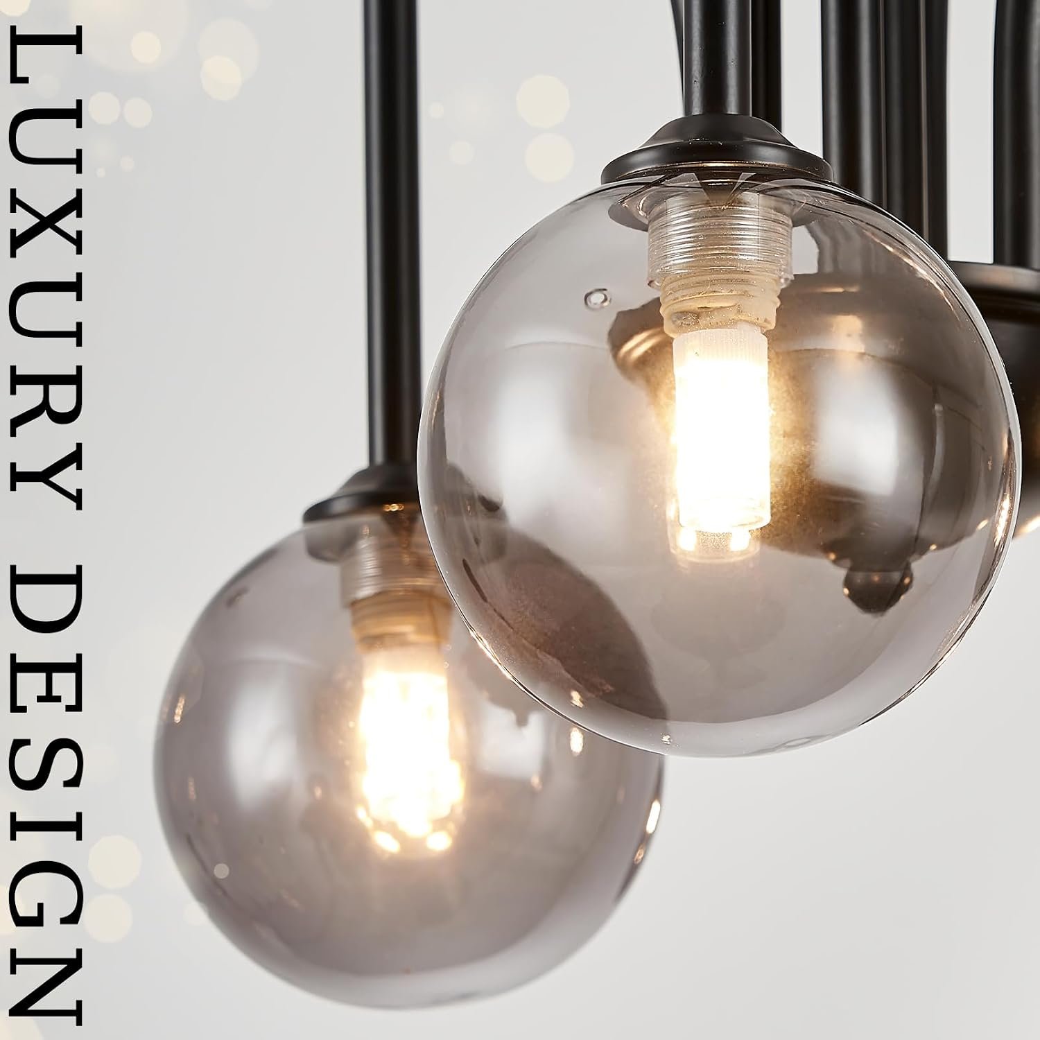 CATINER Black Chandelier Modern 6 Lights Sputnik Chandelier Large L40” Mid Century Ceiling Pendant Light Fixtures with Smoke Glass Globe Shades for Living Dining Room Foyer Bedroom