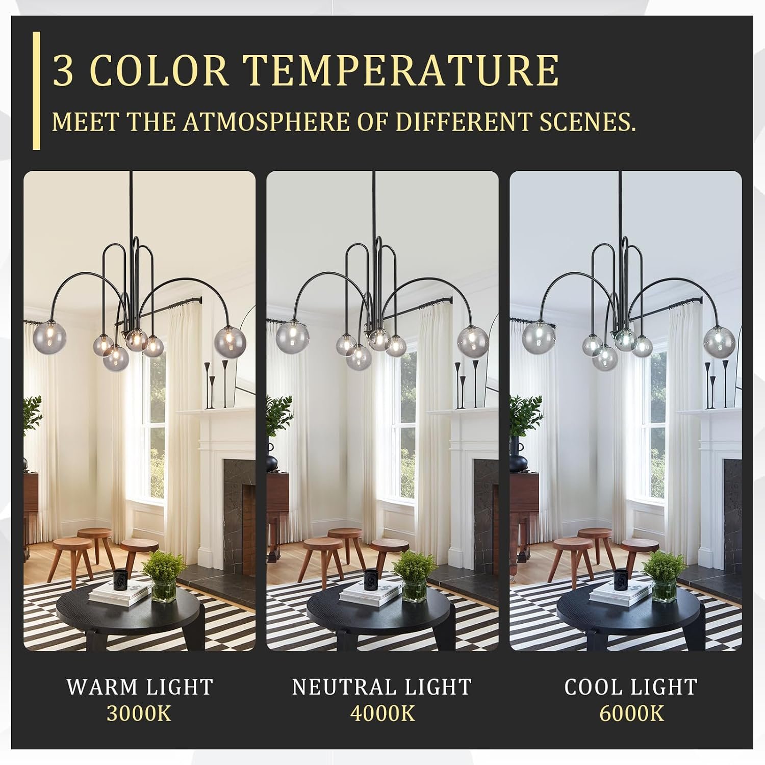 CATINER Black Chandelier Modern 6 Lights Sputnik Chandelier Large L40” Mid Century Ceiling Pendant Light Fixtures with Smoke Glass Globe Shades for Living Dining Room Foyer Bedroom