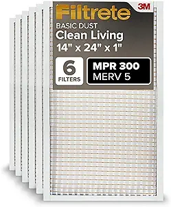 Filtrete 14x24x1 Air Filter MERV 5, 6-Pack AC Furnace Filters for Home HVAC, MPR 300 Basic Dust Defense, Removes Lint & Household Dust, 3-Month Pleated Electrostatic (Actual Size 13.81x23.81x0.81 in)