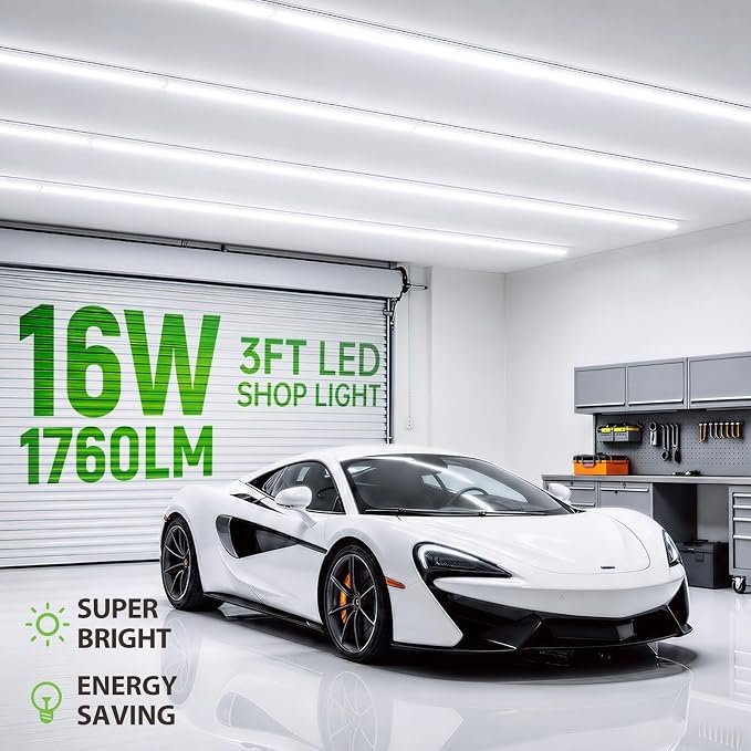 Pak 3FT LED Shop Lights, T5 SE LED Integrated Fixture, 6500K, 16W Linkable Shop Light, Energy Efficient Ceiling and Under Cabinet Lighting for Garage, Workshop, Basement, FCC Certified, 6 Pack