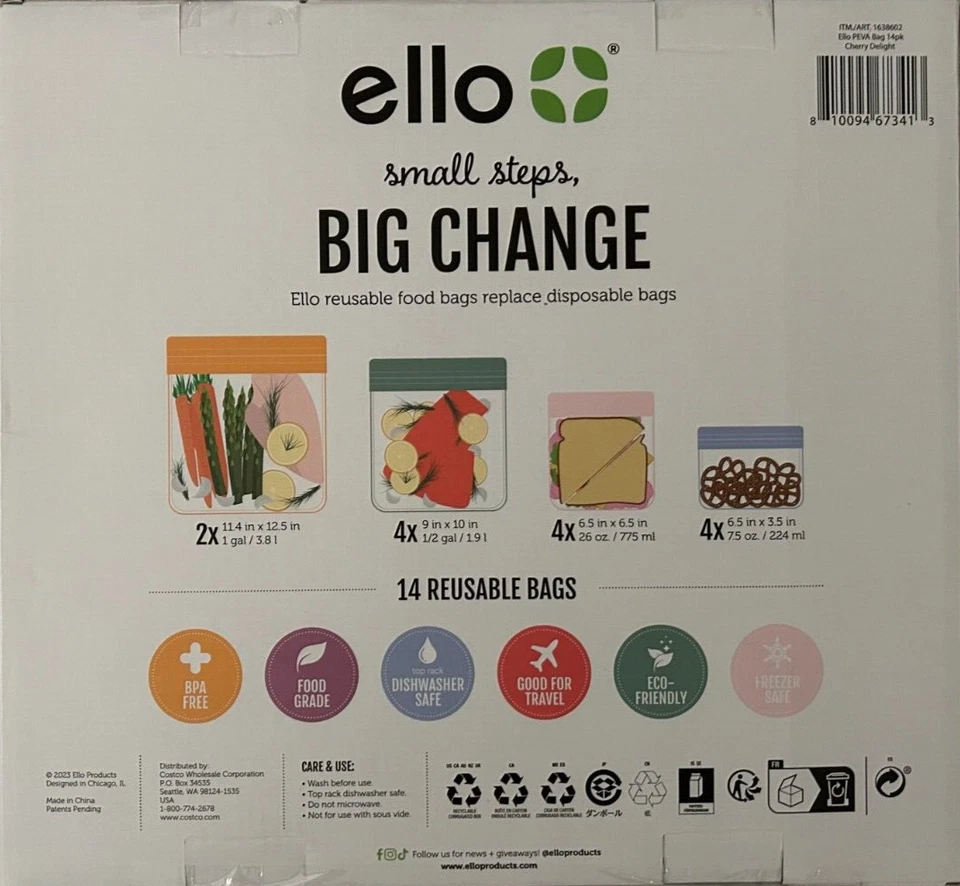ELLO Reusable Zip Food Storage Bags -14 Food Bags
