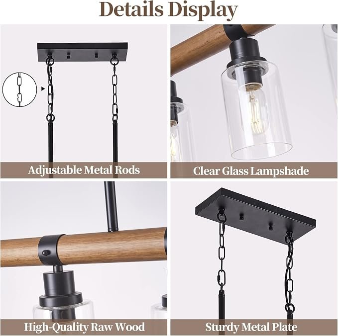 Dining Room Chandelier Over Table, 5-Light Farmhouse Kitchen Island Lighting, Matte Black Rustic Wood Chandelier with Clear Glass Shade, Ceiling Pendant Light Fixture for Kitchen