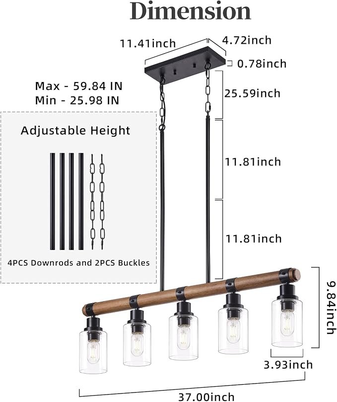 Dining Room Chandelier Over Table, 5-Light Farmhouse Kitchen Island Lighting, Matte Black Rustic Wood Chandelier with Clear Glass Shade, Ceiling Pendant Light Fixture for Kitchen