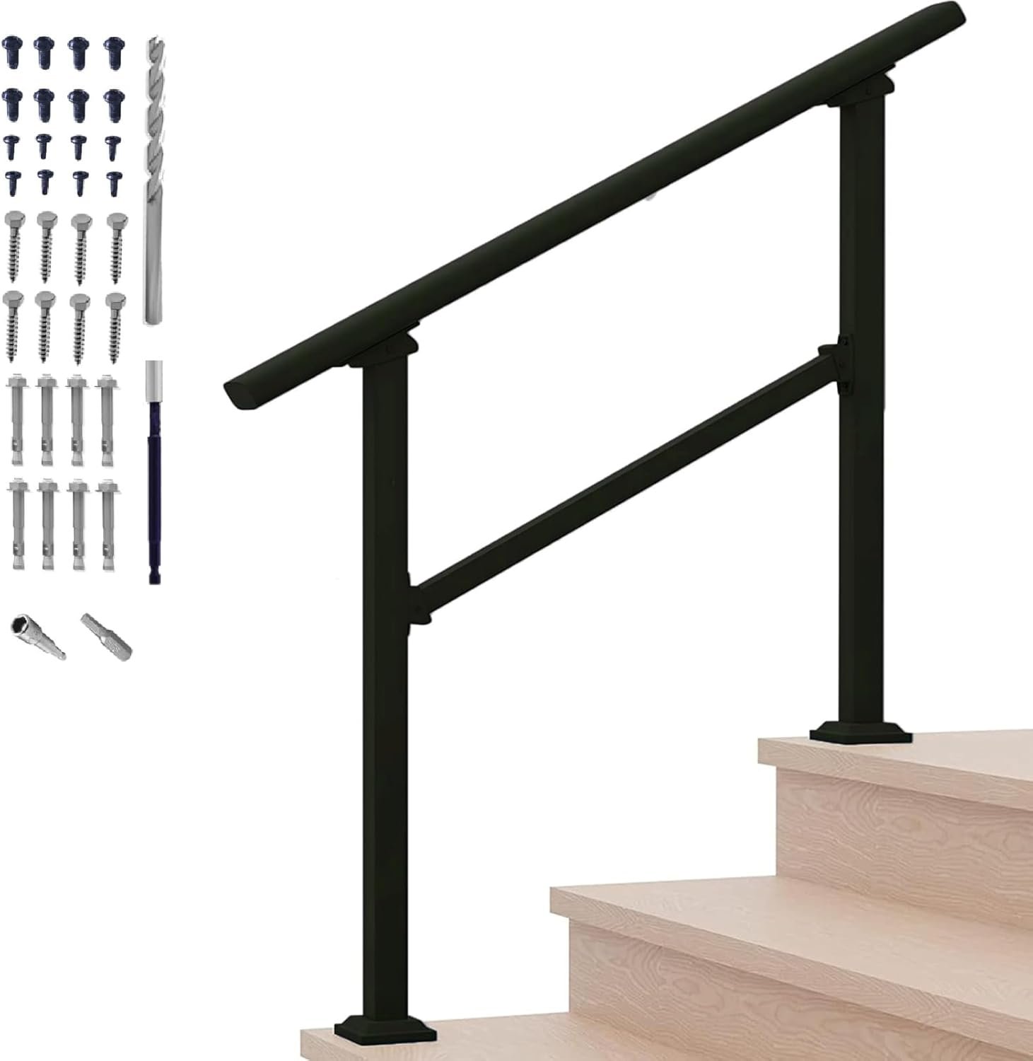 Hand Rails for Outdoor Steps,2-3 Step Railing for Stairs,Adjustable Porch Railing,Hand Rails for Seniors,Outdoor Deck Handrails for Exterior Steps,Black