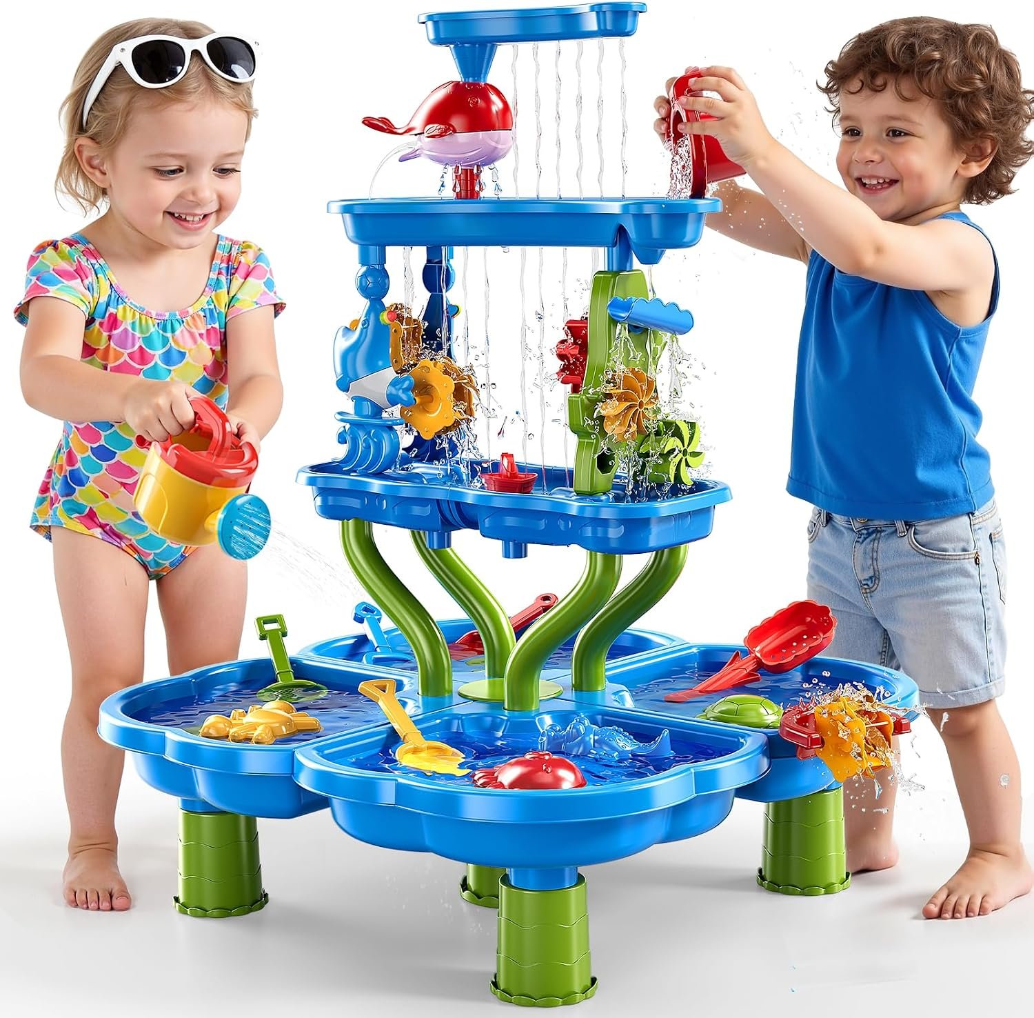 ZDRKWSM 3-Tier 4 Areas Water Table for Kids 3-5, Summer Outdoor Beach Sensory Activity Playset Kids Sand and Water Table Toys, Birthday Gifts for Boys and Girls 3 4 5 6 7 8
