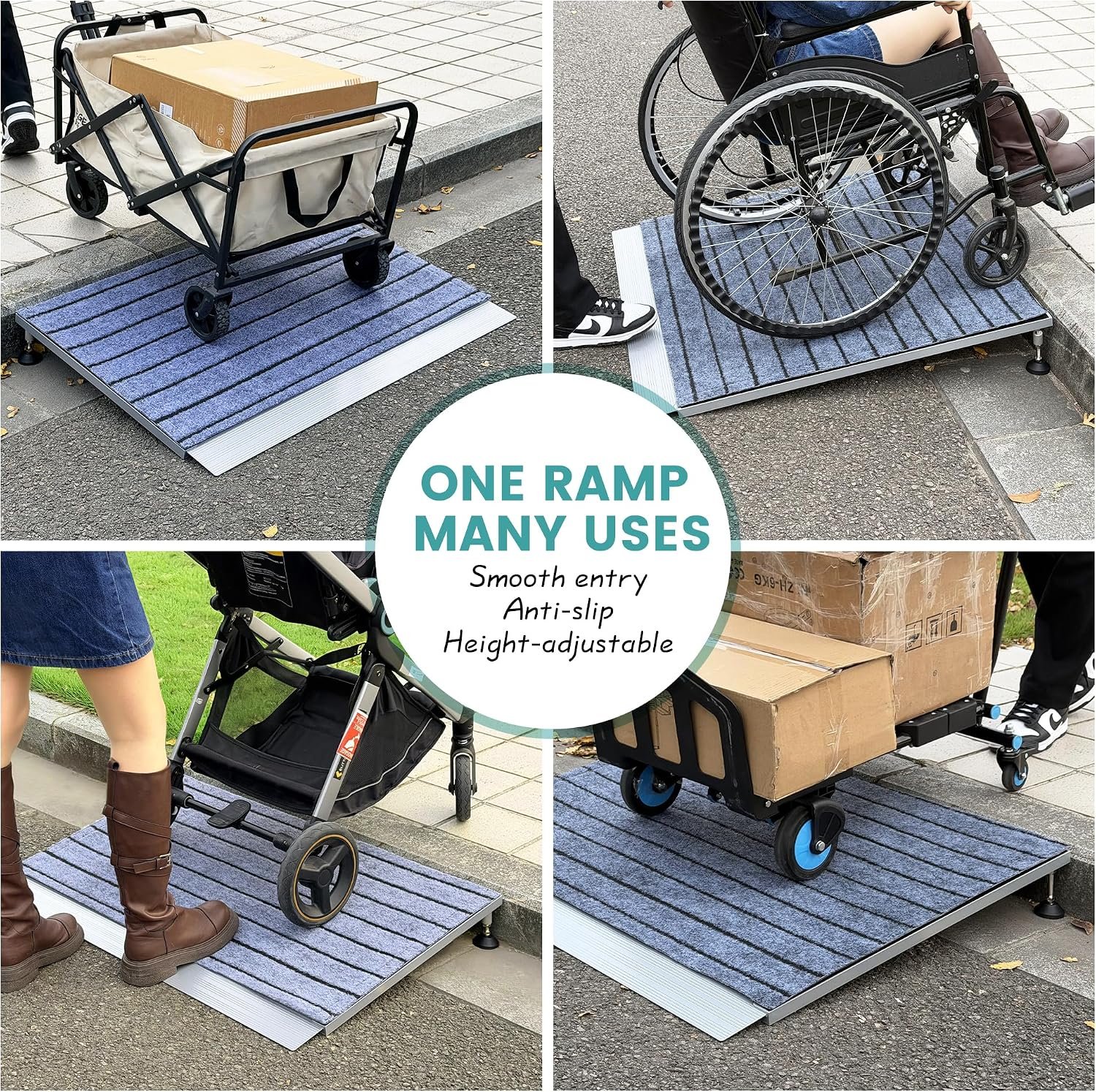 Nuvium Threshold Ramps for Wheelchairs, Adjustable Height 1.8–5.3 and 24×36 Platform Aluminum Wheelchair Ramp, Door Threshold Ramps with a Non-Slip Thick Door Mat for Scooters, Power Chairs, Cart