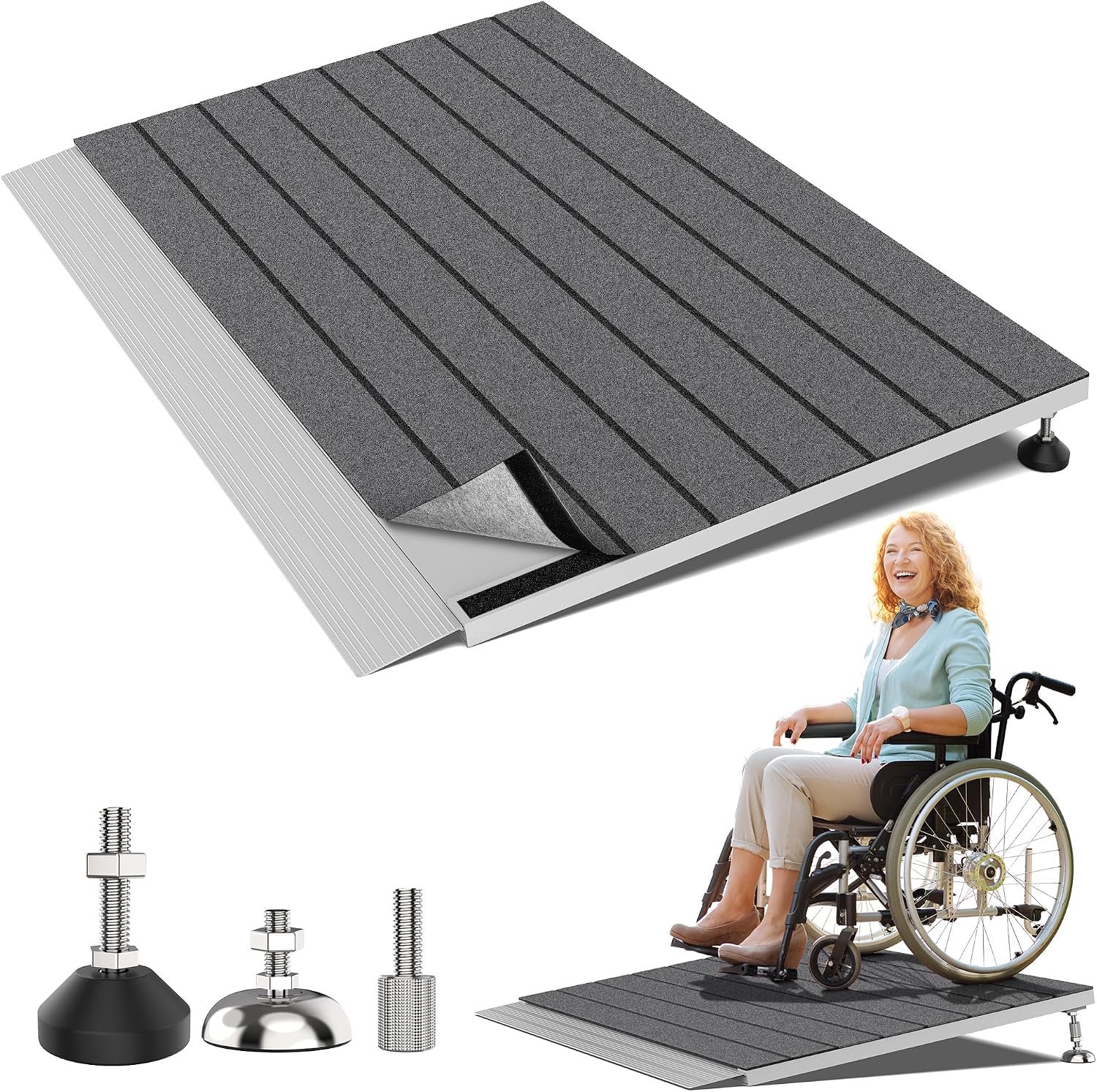 Nuvium Threshold Ramps for Wheelchairs, Adjustable Height 1.8–5.3 and 24×36 Platform Aluminum Wheelchair Ramp, Door Threshold Ramps with a Non-Slip Thick Door Mat for Scooters, Power Chairs, Cart