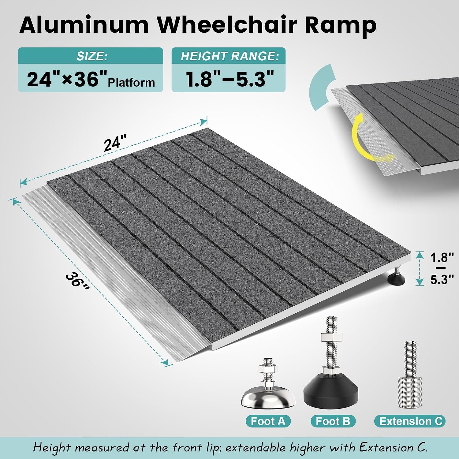 Nuvium Threshold Ramps for Wheelchairs, Adjustable Height 1.8–5.3 and 24×36 Platform Aluminum Wheelchair Ramp, Door Threshold Ramps with a Non-Slip Thick Door Mat for Scooters, Power Chairs, Cart