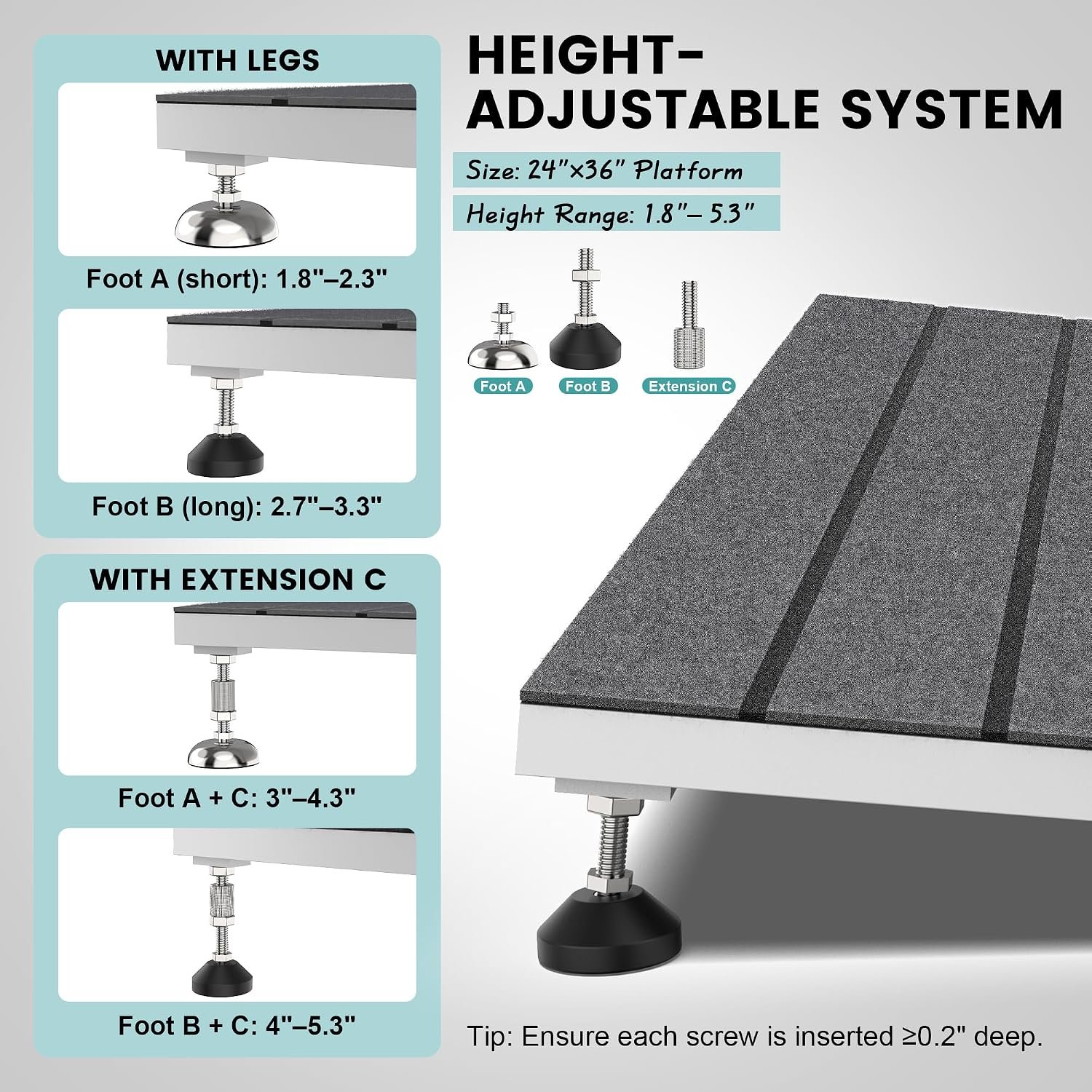 Nuvium Threshold Ramps for Wheelchairs, Adjustable Height 1.8–5.3 and 24×36 Platform Aluminum Wheelchair Ramp, Door Threshold Ramps with a Non-Slip Thick Door Mat for Scooters, Power Chairs, Cart