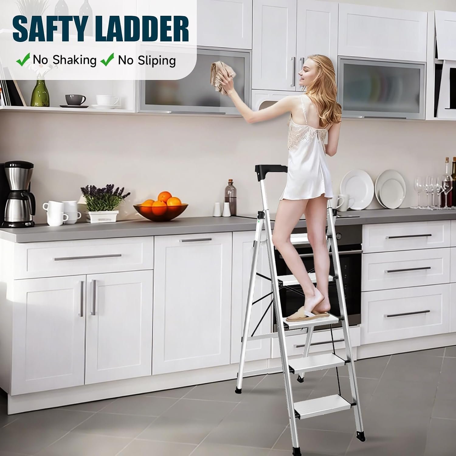 Valeo Aluminium 5 Step Ladder with Retractable Handgrip,Anti-Slip Pedal,330 lbs Capacity,Folding Step Stool for Kitchen, Garage, Home, Space Saving, Sturdy and Portable, Silver
