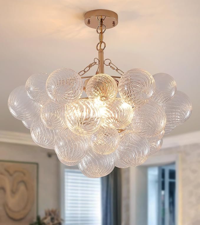 MEIXISUE Modern Glass Ceiling Light,5 Light Nordic Bubble Ball Swirled Glass Globe Chandeliers Gold Light Fixtures for Bedroom Dining Room Living Room Kitchen Entryway D25.2IN UL Listed