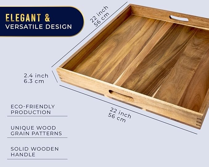 Extra Large (22) Comfify Square Premium Acacia Wood Ottoman Tray with Handles - Use for Serving Food in Style for Dinner, Breakfast, Snacks, BBQ, Entertaining Guests & More - Brown