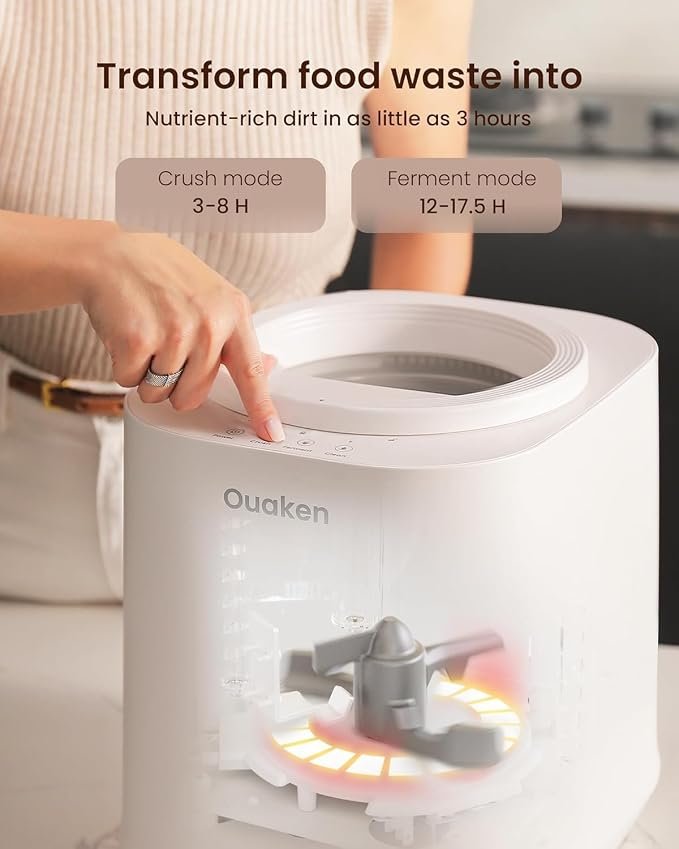 Electric Composter for Kitchen,Ouaken 3L Indoor Kitchen Waste Compost Machine Countertop Smart Composting Bin,Compact Food Recycler for Home with Low Noise,Odorless,Auto-Clean,LED Display