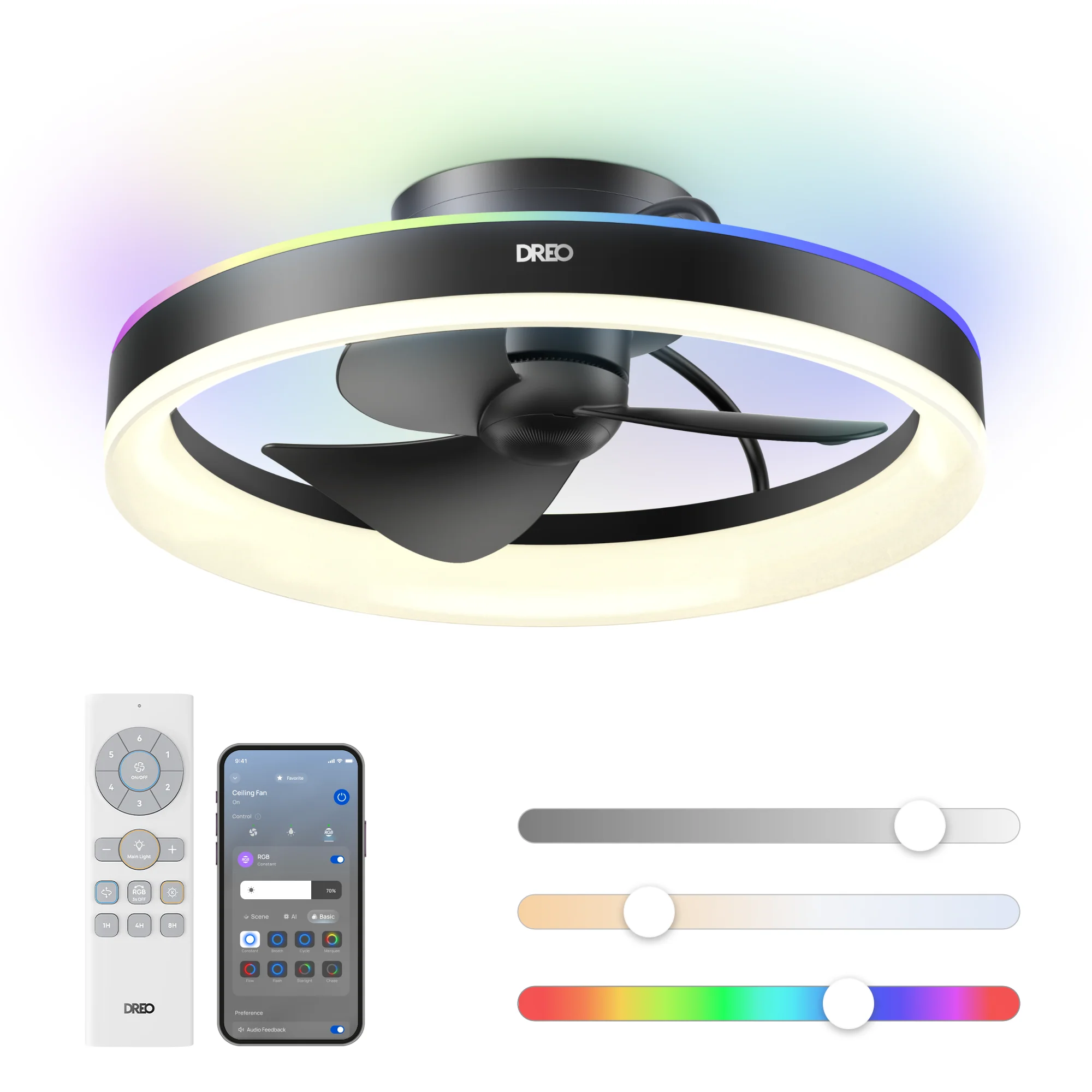 DREO Smart RGBIC Ceiling Fans with Lights, Low profile Ceiling Fan with Alexa/App, 20'' Dimmable Lighting & Color Tuning, 22dB Quiet for Bedroom, Game Room, Easy Installation, Black