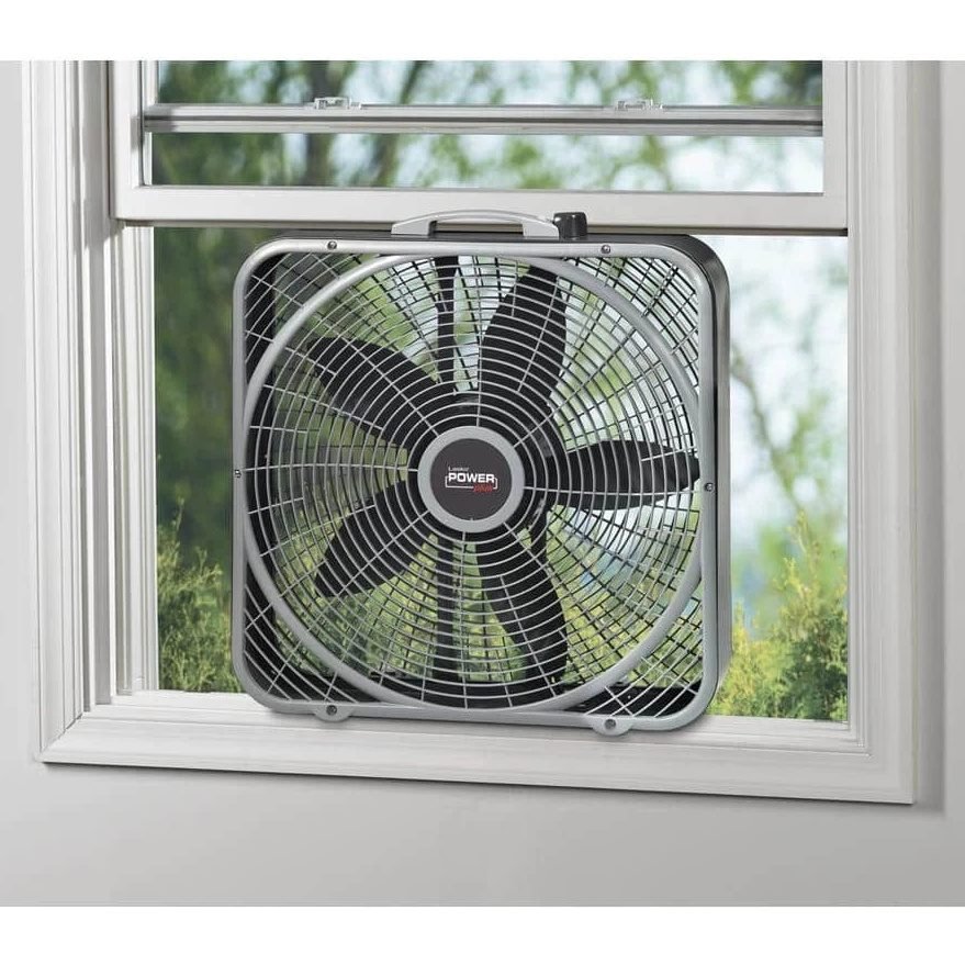 Lasko Power Plus 20 in. 3 Speed Box Fan for Home in Gray with Weather Shield Design for Window Use, 2000 CFM, Carry Handle