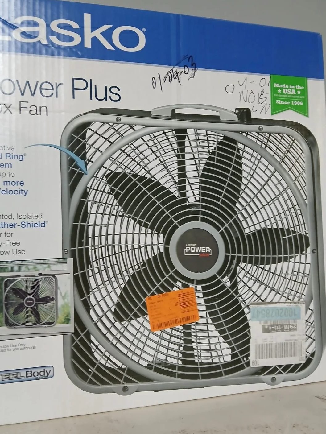 Lasko Power Plus 20 in. 3 Speed Box Fan for Home in Gray with Weather Shield Design for Window Use, 2000 CFM, Carry Handle