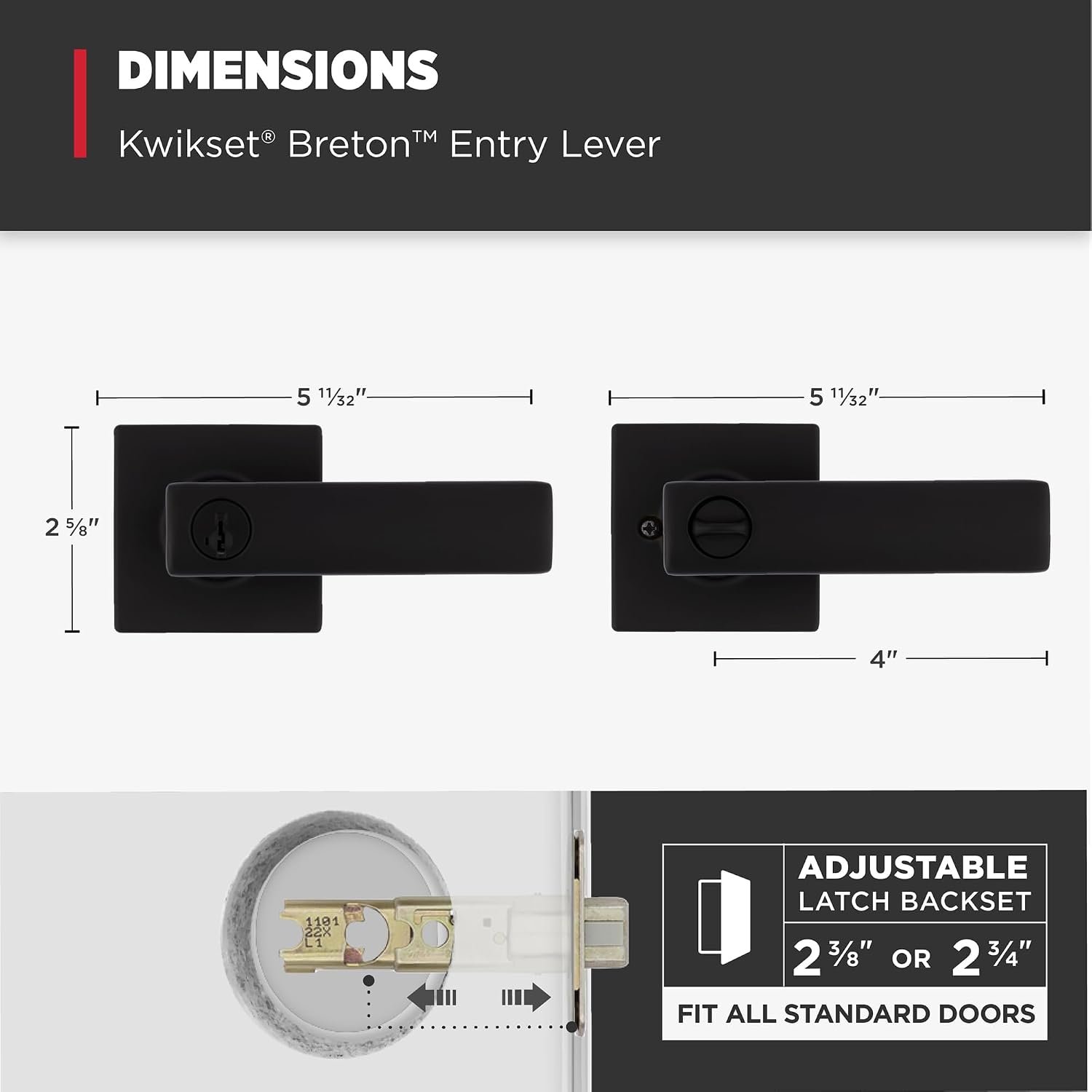 Kwikset Breton Square Matte Black Keyed Entry Door Handle Featuring SmartKey Technology and Microban
