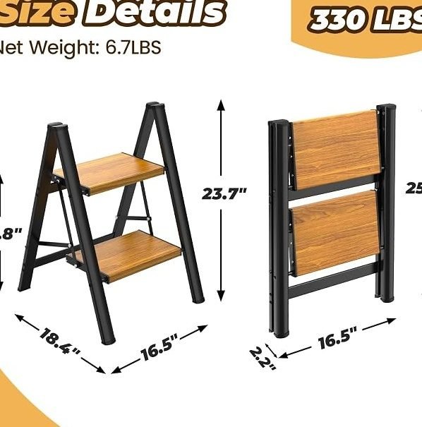 HBTower Step Ladder,Lightweight Aluminum Folding Step Stool with Anti-Slip Wide Pedal,330lbs Capacity Step Ladder for Household,Kitchen,Office - Woodgrain
