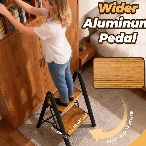 HBTower Step Ladder,Lightweight Aluminum Folding Step Stool with Anti-Slip Wide Pedal,330lbs Capacity Step Ladder for Household,Kitchen,Office - Woodgrain