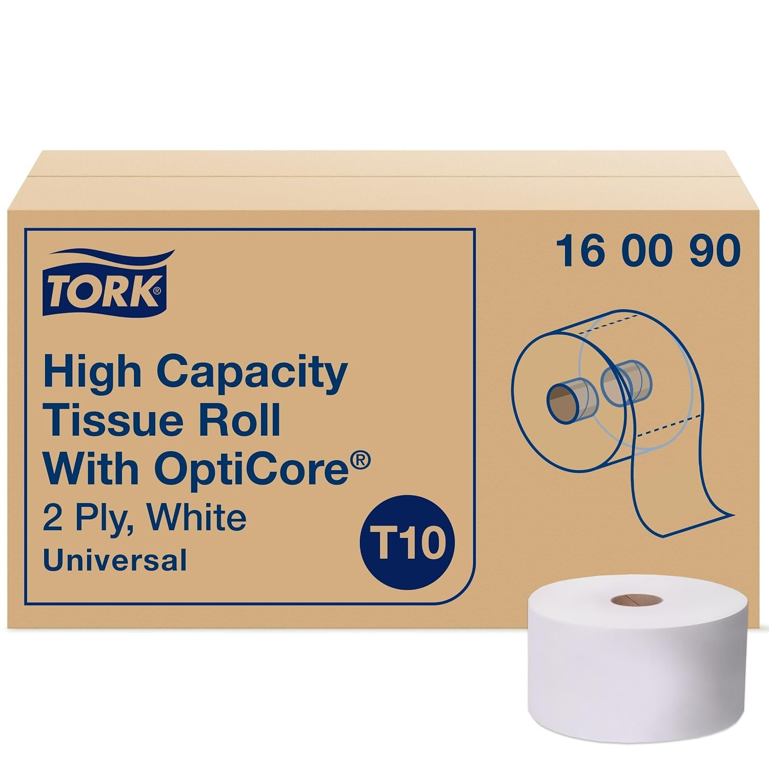 Tork OptiCore® Mid-size Toilet Paper Roll White T10, Universal, 2-ply, 12 x 2000 sheets, 160090