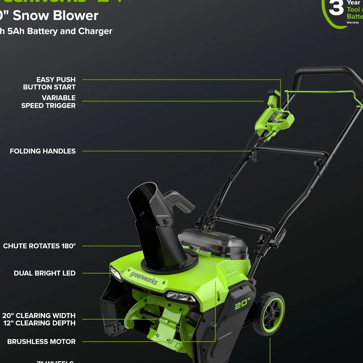 Greenworks 60V 20 Cordless Single-Stage Snow Blower with 5.0 Ah Battery & 6A Charger 2608702