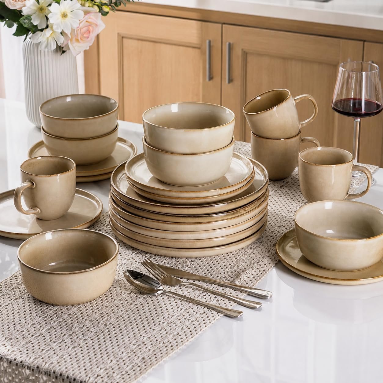 AmorArc Stoneware Dinnerware Sets for 8, 24 Pieces Handpainted Ceramic Plates and Bowls Set, Scratch Resistant Dishes Set, Dishwasher & Microwave Safe, Cappuccino