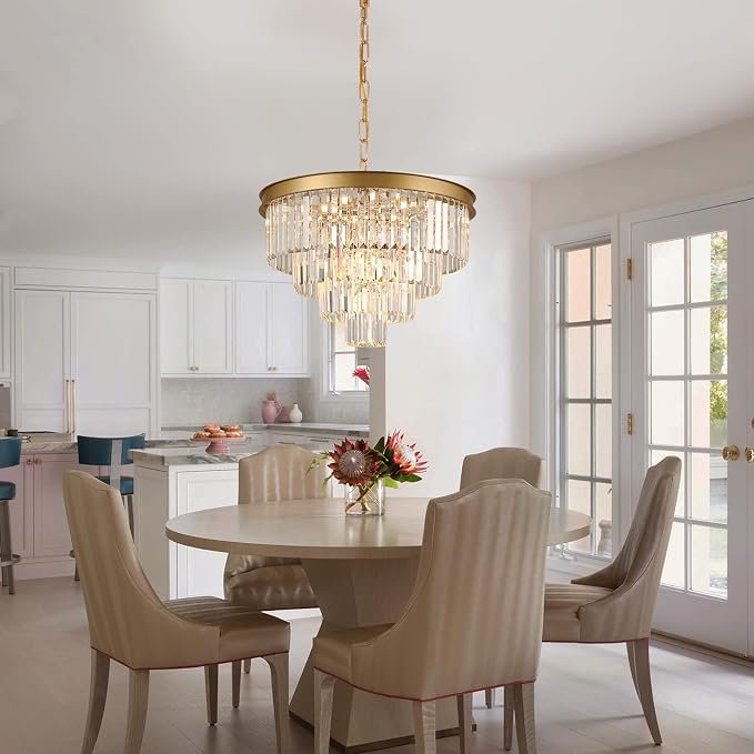 A AXILIXI Modern Crystal Chandeliers Gold 24” Round Chandelier for Dining Room 12 Light Ceiling Pendant Light Fixture Raindrop Luxury Gold Flush Mount Chandelier for Entryway Living Room