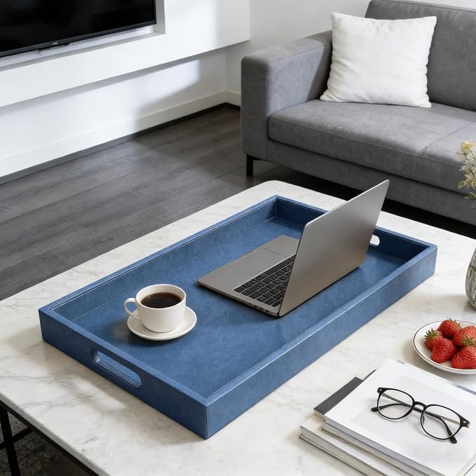 30x24 inches Rectangle Leather Ottoman Serving Tray with Hole Handles, Extra Large Modern Service Tray for Living Room, Coffee Table, Bed, Tea, Food, Countertop, Kitchen, Dinner, Picnic (Blue)