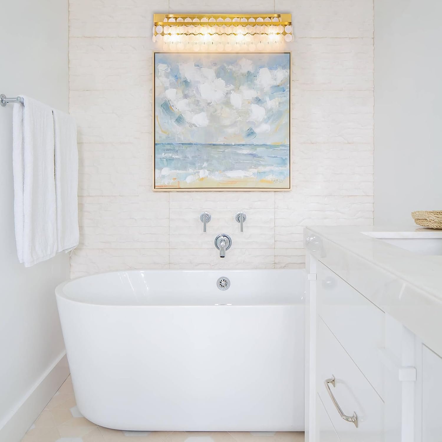 TOCHIC Bathroom Vanity Light with Natural Capiz Shell Shade, Brushed Gold Coastal 4 Lights Vanity Light, Modern Wall Mount Lighting Fixture for Mirror Cabinets, Powder Room, Bedroom Living Room 30” W