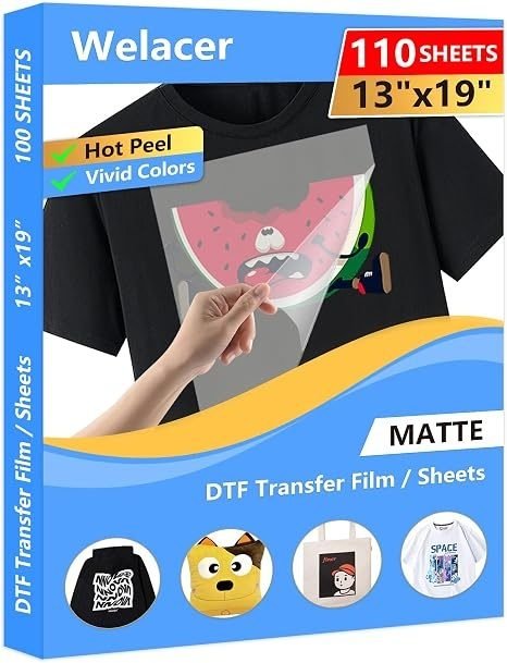 DTF Transfer Film 13x19 110 Sheets for Sublimation or DTF Inkjet Printers, Double-Sided Matte PET Heat Transfer Paper, Direct Printing on T-Shirt and All Color Fabrics