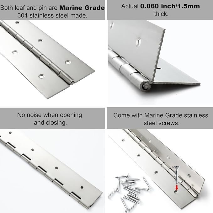 Marine Grade Heavy Duty Piano Hinge 48 Inch x 2 Inch Width, True 0.060'' Thick Stainless Steel Piano Hinge for Heavy Duty Cabinet, Door, Toolbox, Metal Plate, Furniture, Industrial Project