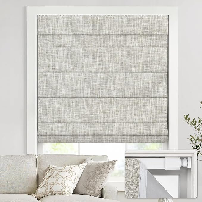 UNISHADES no Drill Cordless Roman Shades for Windows, 33 W × 64 H - 100% Blackout - Linen - Mist White