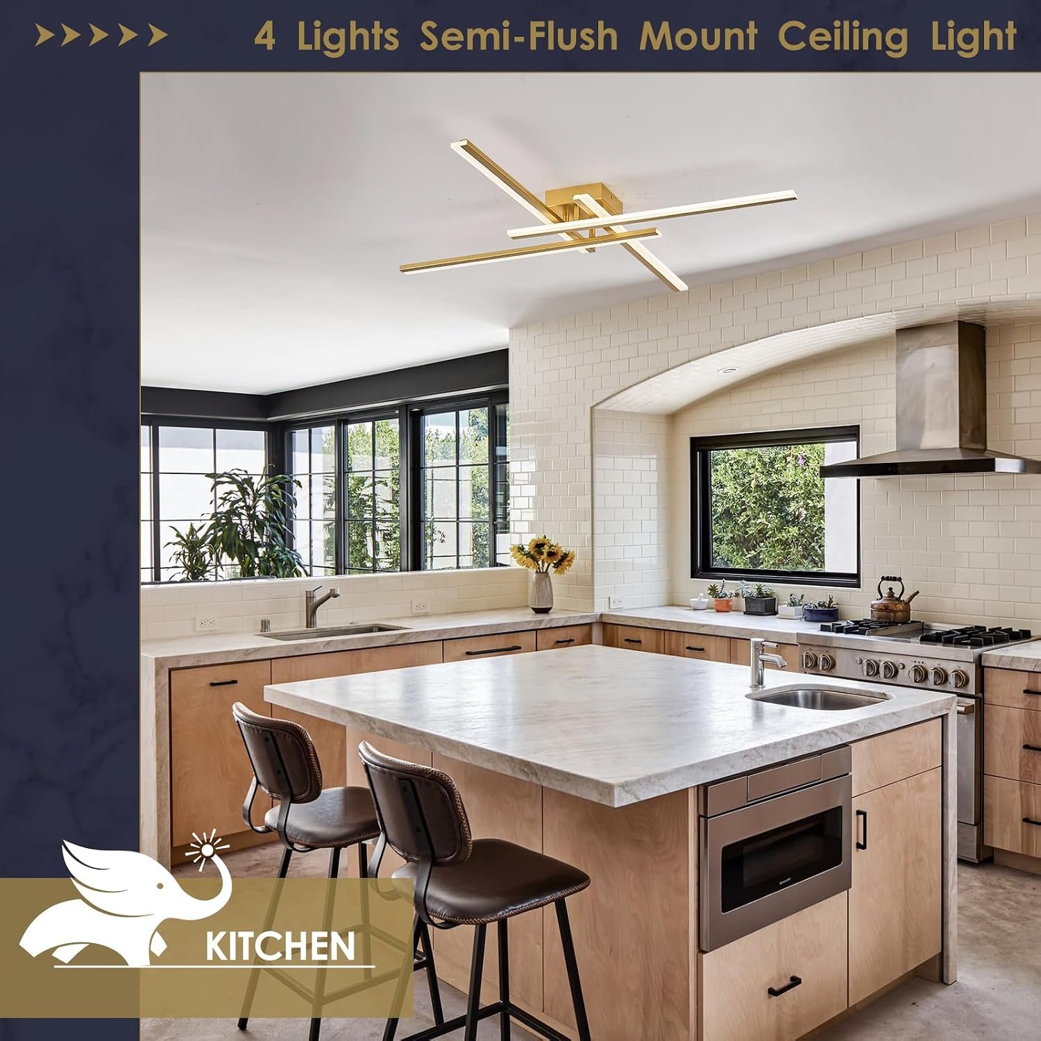 AIRYPHANT Gold Modern Led Chandelier 4-Lights Semi-Flush Mount Ceiling Lighting Fixture 35.4” Dimmable Remote Control Ceiling Light for Living Room Bedroom Kitchen Foyer