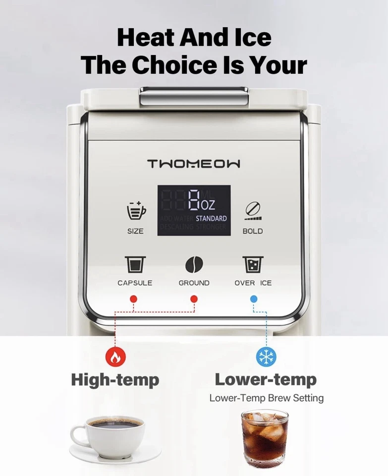 TWOMEOW Coffee Maker Hot & Iced With Bold Setting,Single Serve Coffee Maker For K Cup And Grounds,52 Oz Removable Water Tank,6-14 Oz Brew Sizes,One Cup Kcup Coffee Machine With Reusable Filter, White