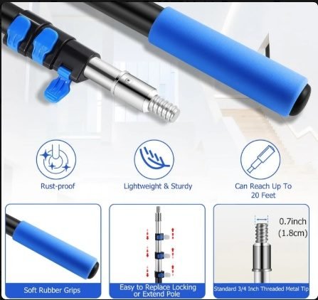 Telescopic Pole, 12FT Telescopic Extension Pole, 3-12FT Multi-Purpose Extension Pole with Twist-on Metal Tip, Sturdy Universal Extendable Pole, Best Paint Roller Extension Pole for Cleaning, Painting