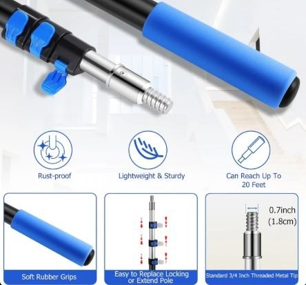 Telescopic Pole, 12FT Telescopic Extension Pole, 3-12FT Multi-Purpose Extension Pole with Twist-on Metal Tip, Sturdy Universal Extendable Pole, Best Paint Roller Extension Pole for Cleaning, Painting