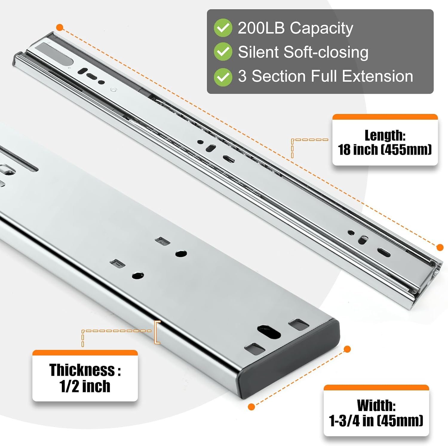 HBL’ 1 Pair Soft Close Drawer Slides 18 inch, Heavy Duty Cabinet Drawer Slides Replacement - Ball Bearing Full Extension, 200 LB Capacity, Made of Cold-Rolled Steel, Rust-Resistant & Long-Lasting.