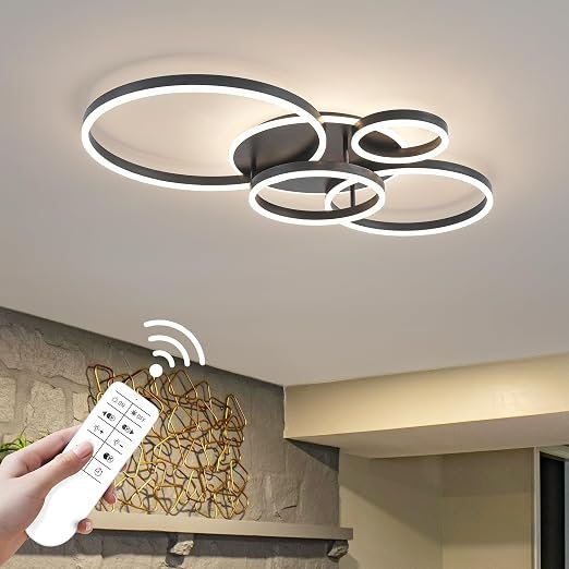 O'NEELDY Flush Mount Modern Ceiling Light Black Led Modern Light Fixtures Ceiling Mount Lights 4 Rings Led Chandelier Lamp Fixture with Remote for Living Room Kitchen Dining Room Bedroom