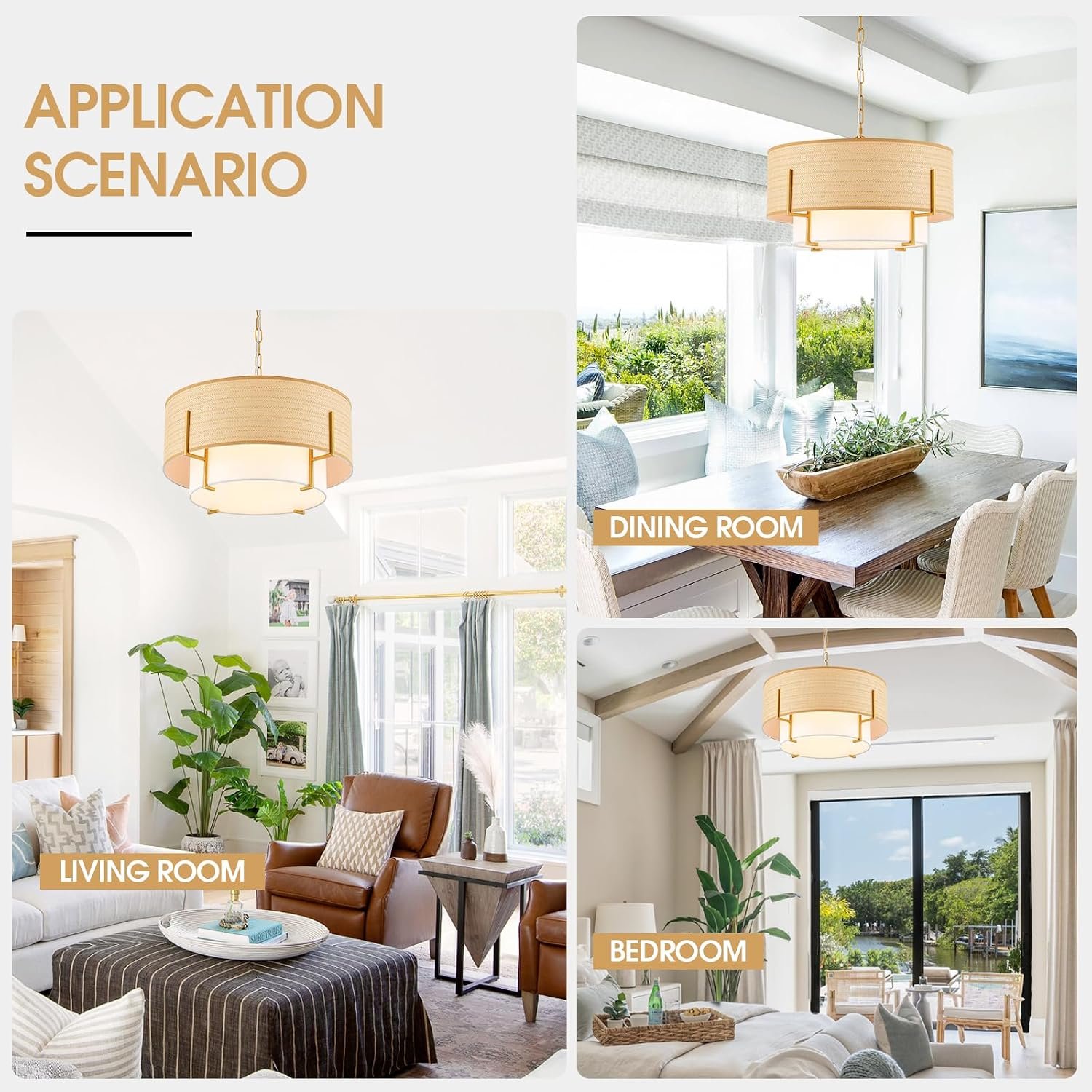 VILUXY Boho Rattan Chandelier 19.8’’ Farmhouse Drum Chandelier with Fabric Shade, 4-Light Rattan Light Fixture Rustic Pendant Light for Dining Room Kitchen Island Bedroom Entryway, UL Listed