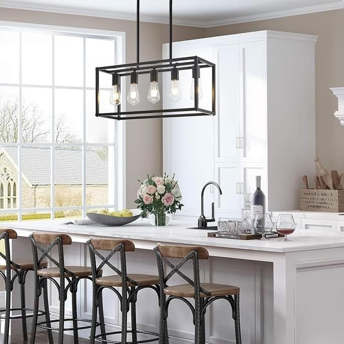 Lanhall 5-Light Kitchen Light Fixtures Black Farmhouse Chandelier Rectangular Dining Room Light Fixture Linear Pendant Lighting Hanging Lights for Kitchen Island Living Room Adjustable Height E26