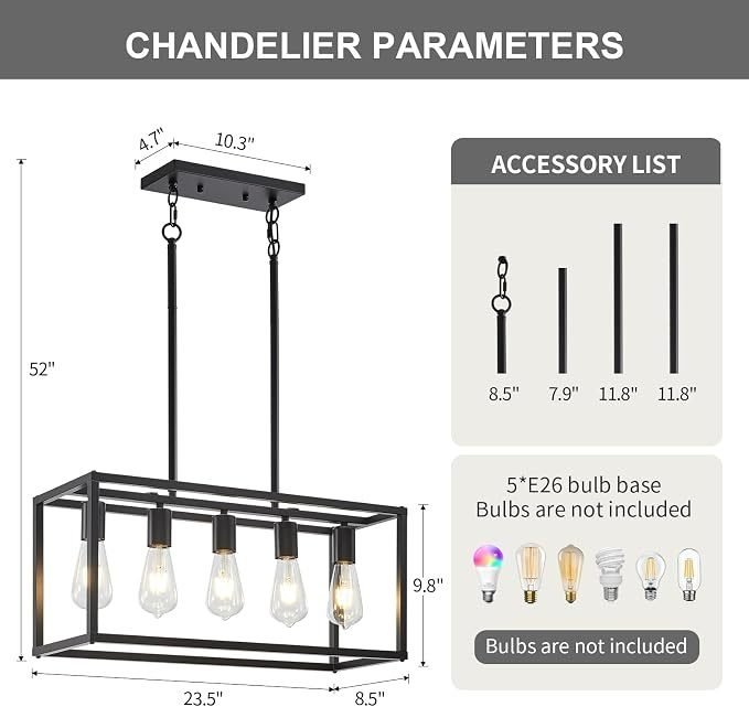 Lanhall 5-Light Kitchen Light Fixtures Black Farmhouse Chandelier Rectangular Dining Room Light Fixture Linear Pendant Lighting Hanging Lights for Kitchen Island Living Room Adjustable Height E26