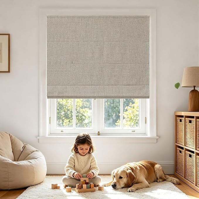 Joydeco Cordless Roman Shades, Linen Fabric Window Blinds, Thermal Insulated Blackout Blinds, Room Darkening Shades for Indoor Windows, Easy to Install, 34 W×75 H, Linen