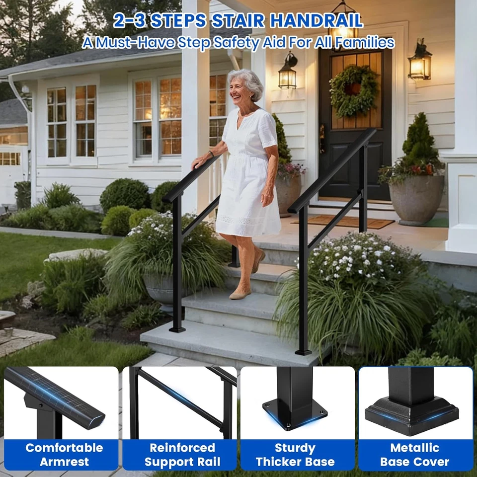 Hand Rails for Outdoor Steps-Adjustable Angle 3-4 Steps Stair Handrail-Galvanized Alloy steel-600 lb LC-Indoor Stair Railing Kit-Waterproof Exterior Porch Railing-Deck HandRail for Concrete Wood Step