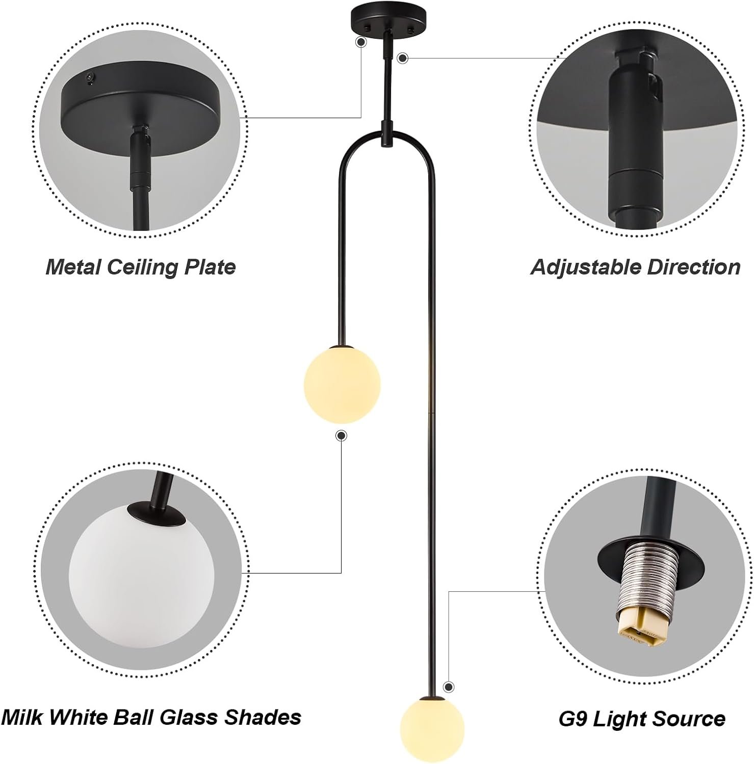 LBSQJ Modern Milk Glass Pendant Light 2 Light Mid Century Chandelier Small Glass Globe Black Pendant Lights for Kitchen Island Bedroom Dining (Metal Tube Removable, 2 Pack)
