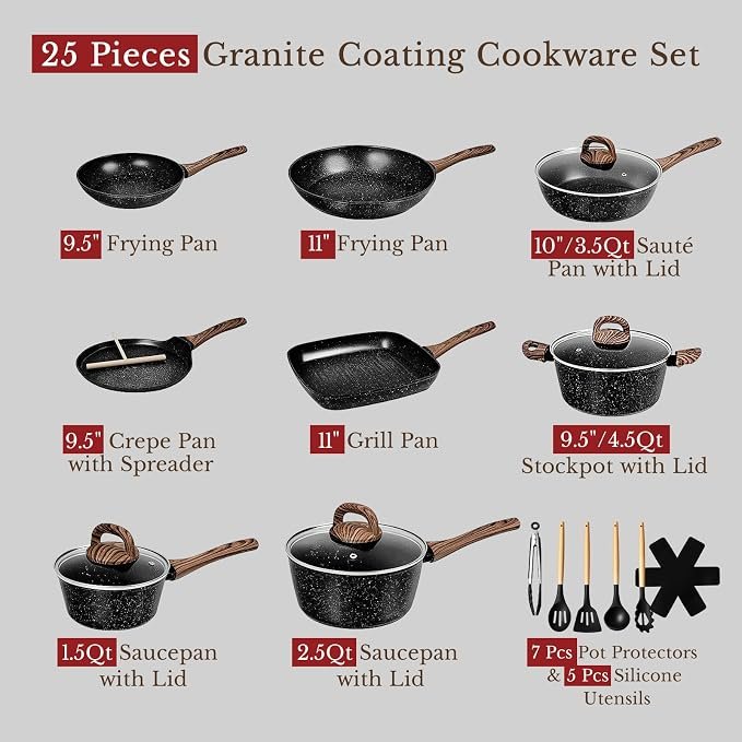 EWFEN 25 Pcs Pots and Pans Set, Nonstick Ceramic Cookware Sets, Healthy Non-Toxic, Large Capacity, Induction Compatible, Cooking Set with Frying Pans & Saucepans, PFASPTFEPFOA Free, Classic Black