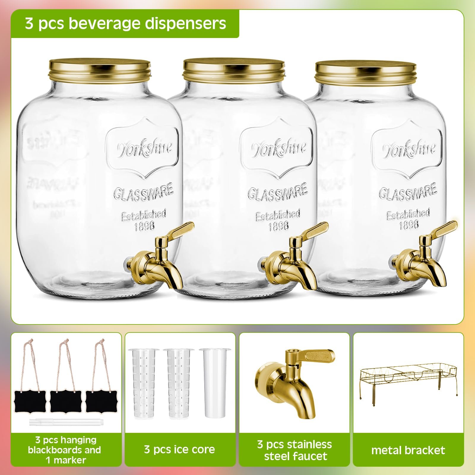 Lallisa 3 Pcs 2 Gallon Glass Drink Dispenser with Stand and Lid Mason Jar Beverage Dispenser with Stainless Steel Spigot, Hanging Chalkboard Signs, (Gold)