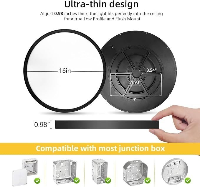 RLEDPZTX Led Flush Mount Ceiling Light,16 Inch 32w 3480lm,3000k4000k6000k 3CCT Selectable, Round Modern Flat Panel Super Slim Led Ceiling Light,for Living Dining Kitchen Bedroom Room (2Pack-Black)