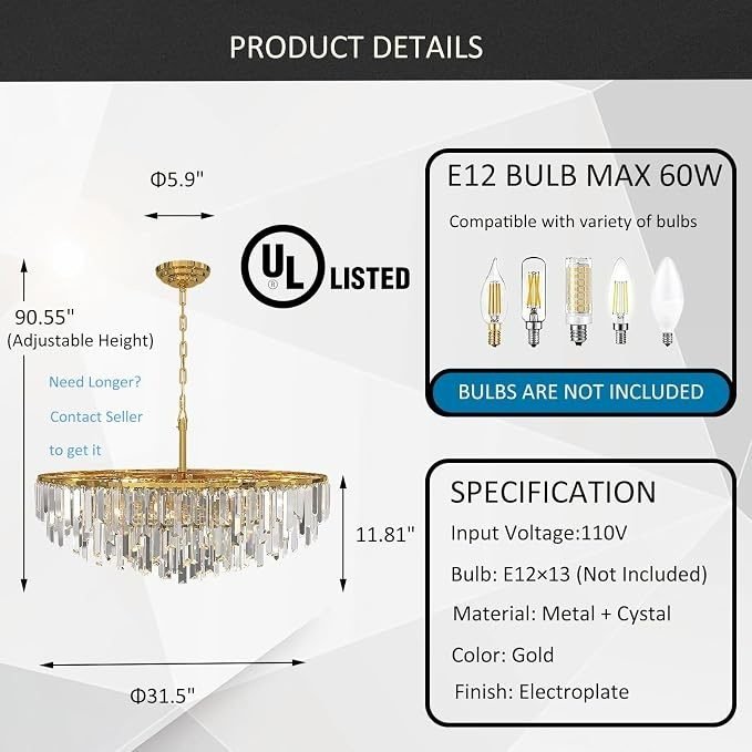 Aimluxin Modern Crystal Chandelier Gold, 32 Round Luxury Top K9 Crystal Chandeliers 6-Tier 13 Lights Large Adjustable Height Ceiling Hanging Pendant Light Fixture for Living Room Bedroom Foyer