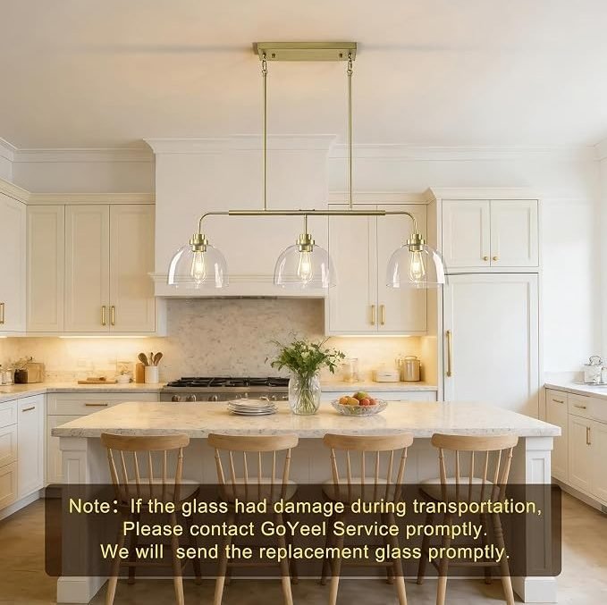 Dining Room Light Fixtures over Table, Large Kitchen Island Lights Modern Farmhouse Chandelier Vintage Brushed Gold Rectangle Chandelier Light Fixture with 3 Big Clear Glass Dome,Height Adjustable Visit the GoYeel Store