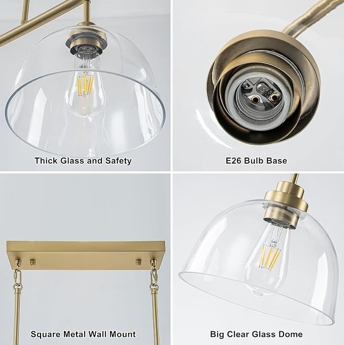 Dining Room Light Fixtures over Table, Large Kitchen Island Lights Modern Farmhouse Chandelier Vintage Brushed Gold Rectangle Chandelier Light Fixture with 3 Big Clear Glass Dome,Height Adjustable Visit the GoYeel Store